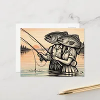 Funny Surreal Fishing Couple Postcard