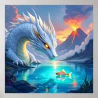 Surreal White Dragon and Gold Fish Poster