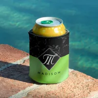 Elegant Black Marble & Lime Green Foil Monogram Can Cooler