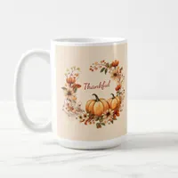 Thankful Pumpkin and Autumn Flowers Wreath Coffee Mug