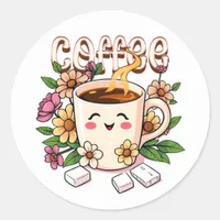 Cute Kawaii Coffee and Flowers Classic Round Sticker