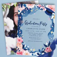 Navy Blue Pink Floral Graduation Party Invite