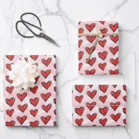 Cute Kid's Art Style Red Hearts on Pink Watercolor Wrapping Paper Sheets