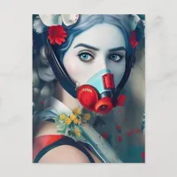 Woman in a gas mask and Flowers Postcard