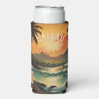 Vintage Hawaii Sunset Painting Sea Beach Towel Seltzer Can Cooler