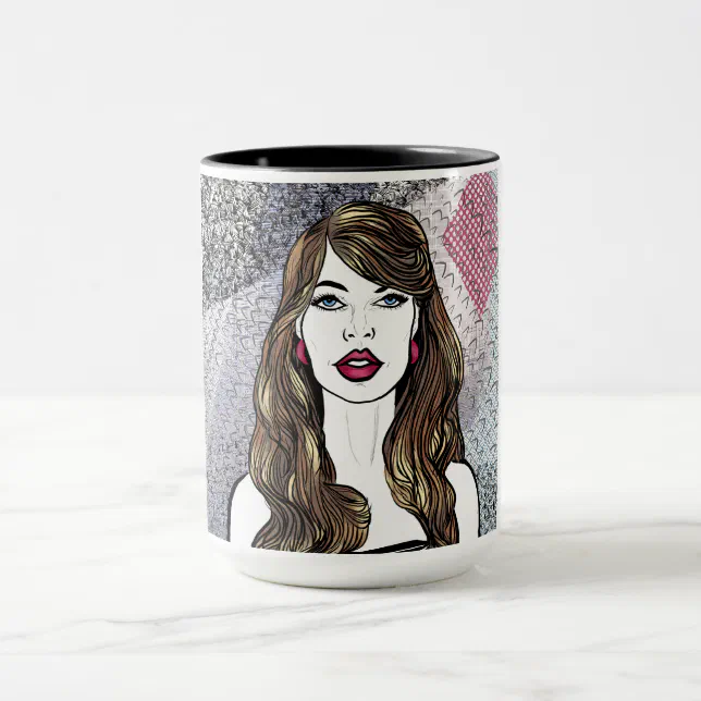 portrait of a girl with long brown hair mug