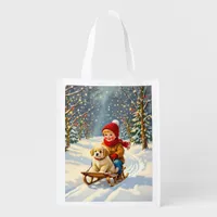 Vintage Christmas Scene, Boy on Sled with Puppy Grocery Bag