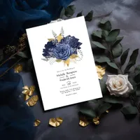 Navy Blue, Gold and Silver Floral Wedding Invitation