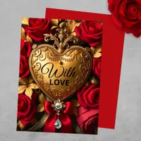 Elegant Golden Heart with Red Roses and Jewel Card