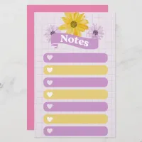 Yellow Purple Girly Floral Flower Blossom Hearts Stationery