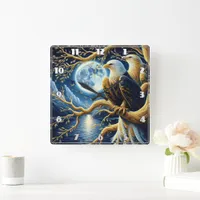 Eagles Perched on Branch Under Moonlit Sky Square Wall Clock