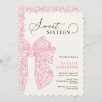 Girly Script Pink Floral Lace Bow Sweet Sixteen Invitation