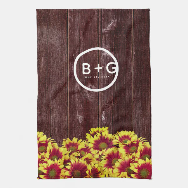 Rustic Autumn Sunflowers on Fence Wedding Kitchen Towel