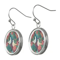 Elegant White Doves Pink Floral & Gold Geometric Earrings