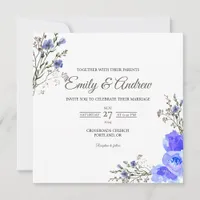 Blue Wildflower Floral Watercolor Square Wedding Invitation