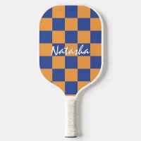 Retro Geometric Squares Yellow Blue Check Pattern Pickleball Paddle