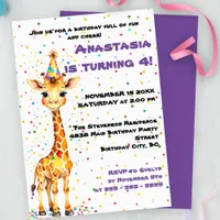 Whimsical Giraffe with Colorful Confetti Birthday  Invitation