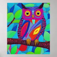 Whimsical Owl with Colorful Feathers Poster