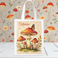Retro Mushrooms and Butterfly | Vintage Colors Grocery Bag