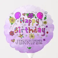 Purple Whimsical Happy Birthday Flowers and Hearts Balloon