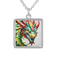 Fire breathing dragon red, green, and yellow scale sterling silver necklace