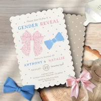 Polka Dots Pink Ribbon Blue Bow Tie Gender Reveal Invitation