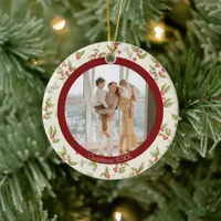 Elegant Watercolor Mistletoe, Red Frame Family Ceramic Ornament