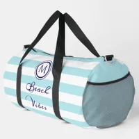 Coastal Beach Vibe Nautical Stripes Monogrammed Duffle Bag