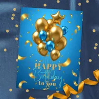 Golden and Blue Balloons and Confetti Birthday Postcard