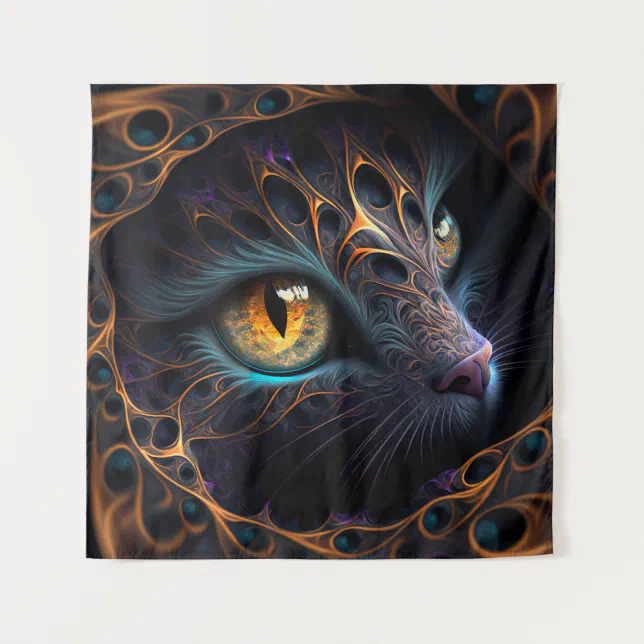 Fractal Cat Face in Black and Vibrant Colors Tapestry