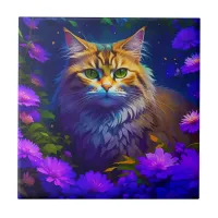 Cute Orange Kitty Cat in Flowers Ceramic Tile