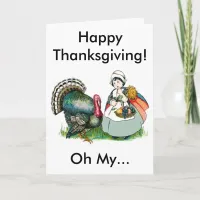 Vintage Happy Thanksgiving Big Turkey Girl Custom Holiday Card