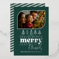 Deep Teal & Silver Retro Doodle Christmas Photo Foil Holiday Card
