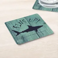 Fins Up Great White Shark Blue Wood Square Paper Coaster