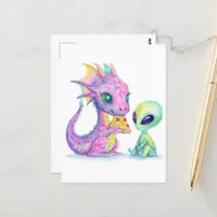 Cute Purple Dragon Baby Eating Pizza With Alien Postcard