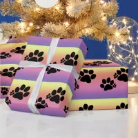 Gift Wrap - Polydactyl Paw Prints on Rainbow