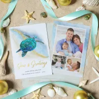 Seas and Greetings Beach Sea Turtle 3 Photo Foil Holiday Card