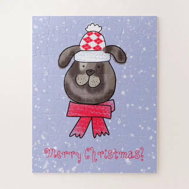 Little Christmas dog wearing knitted cap and scarf Jigsaw Puzzle