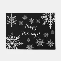 White Winter Snowflakes on Black Happy Holidays Doormat