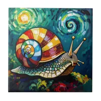 Vibrantly Colorful Impasto Whimsical Snail Ceramic Tile
