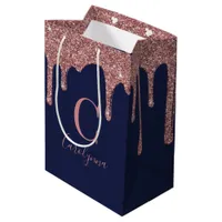 Navy Blue Rose Gold Sparkle Glitter Drips Monogram Medium Gift Bag