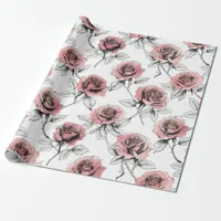 Pink Roses Illustration Style Valentine's Day Wrapping Paper