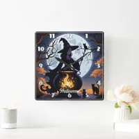 Witch brewing potions on a Halloween night Square Wall Clock