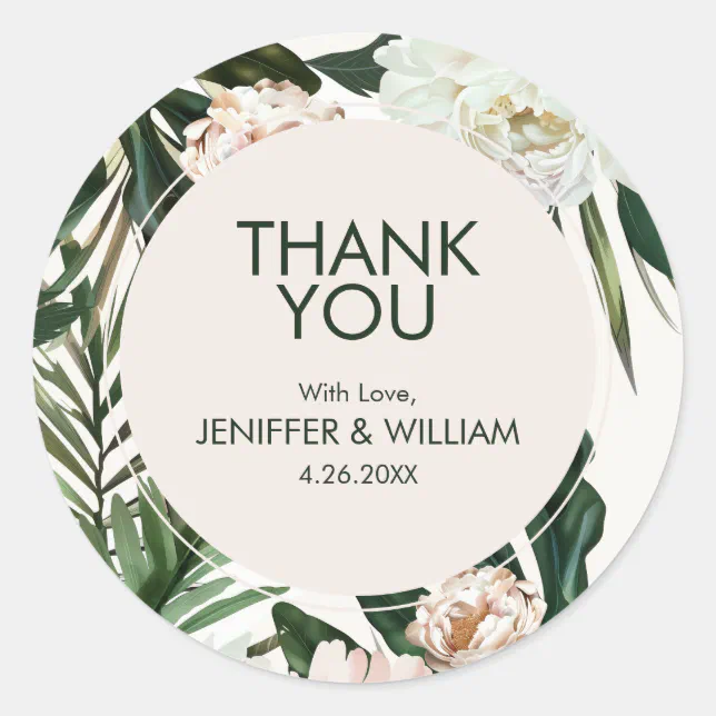 Peach White Peonies & Green Leaves Floral Wedding Classic Round Sticker