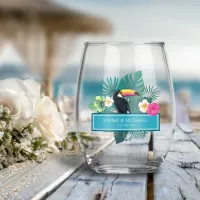 Watercolor Tropical w/Toucan Wedding Teal ID577 Stemless Wine Glass