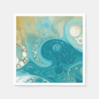 Ocean Blue Waves and Sandy Brown Fluid Art  Napkins