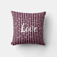 Black and  Pink Stripes with White Hearts Love Throw Pillow