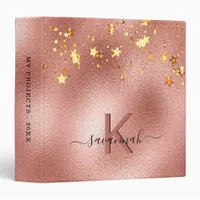 Rose gold stars monogram name 3 ring binder