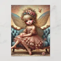 Adorable Fairy in a Pink Dress on a Vintage Couch Postcard