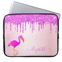 Flamingo rose gold purple glitter drips monogram laptop sleeve